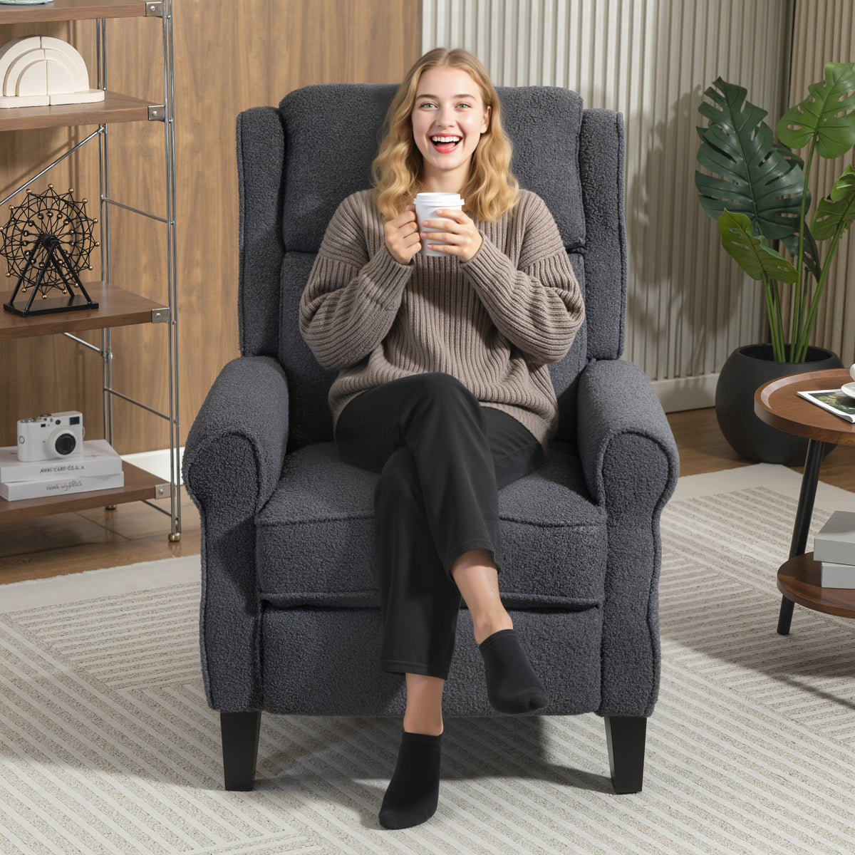 Fauteuil relax inclinable en polaire Teddy, fauteuil de relaxation avec repose-pieds extensible, assise rembourrée, gris