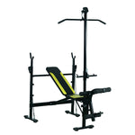 Banc de musculation Fitness entrainement complet dossier réglable cordes traction curler supports barre et haltères noir et jaune