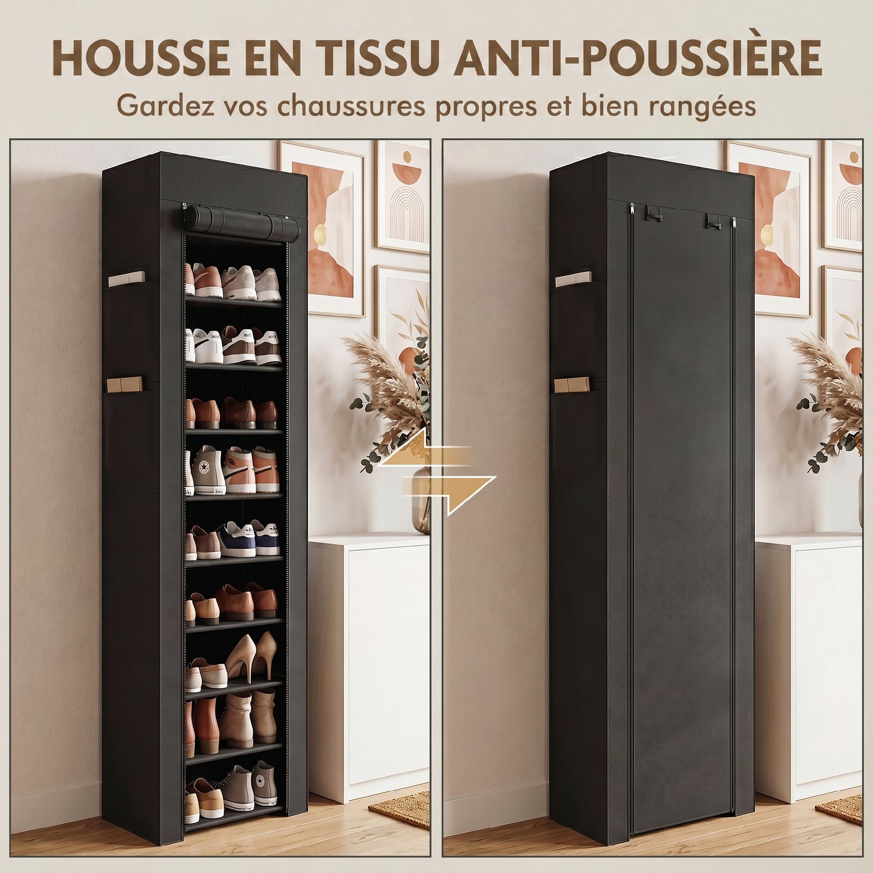 Étagère à Chaussures 20 Paires 10 Niveaux, Range-Chaussures en Métal avec Housse Anti-Poussière, Noir