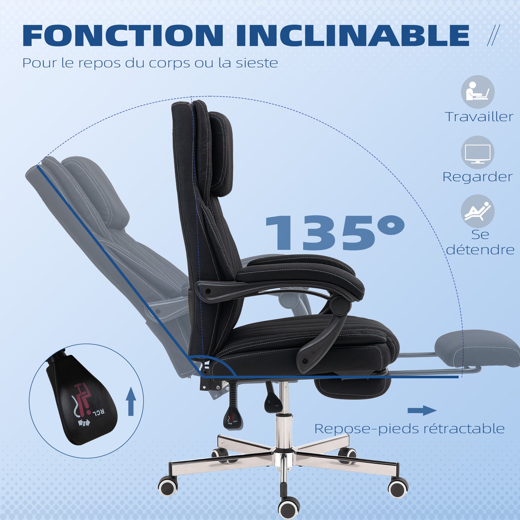 Chaise de bureau siège pivotant dossier inclinable hauteur réglable 65 x 61 x 105-113 cm noir