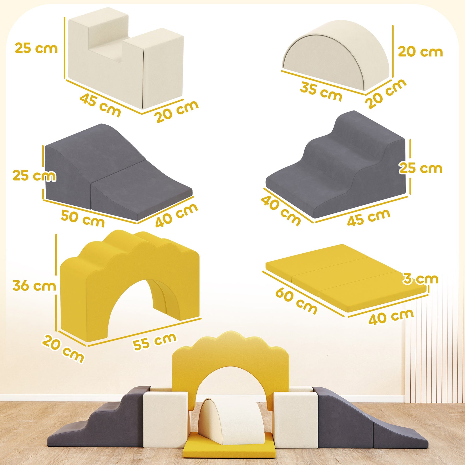 Parcours motricité bébé blocs mousse éducatifs modulables 7 pièces housse lavable en velours base antidérapante jaune