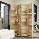 Paravent intérieur en bois 4 panneaux 160 x 170 cm, séparateur de pièce pliable avec 3 étagères, bois naturel