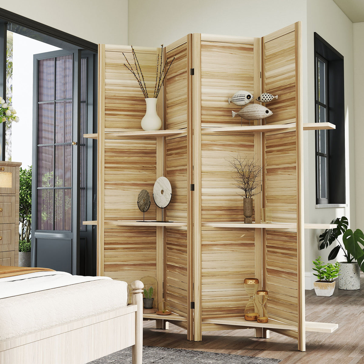 Paravent intérieur en bois 4 panneaux 160 x 170 cm, séparateur de pièce pliable avec 3 étagères, bois naturel