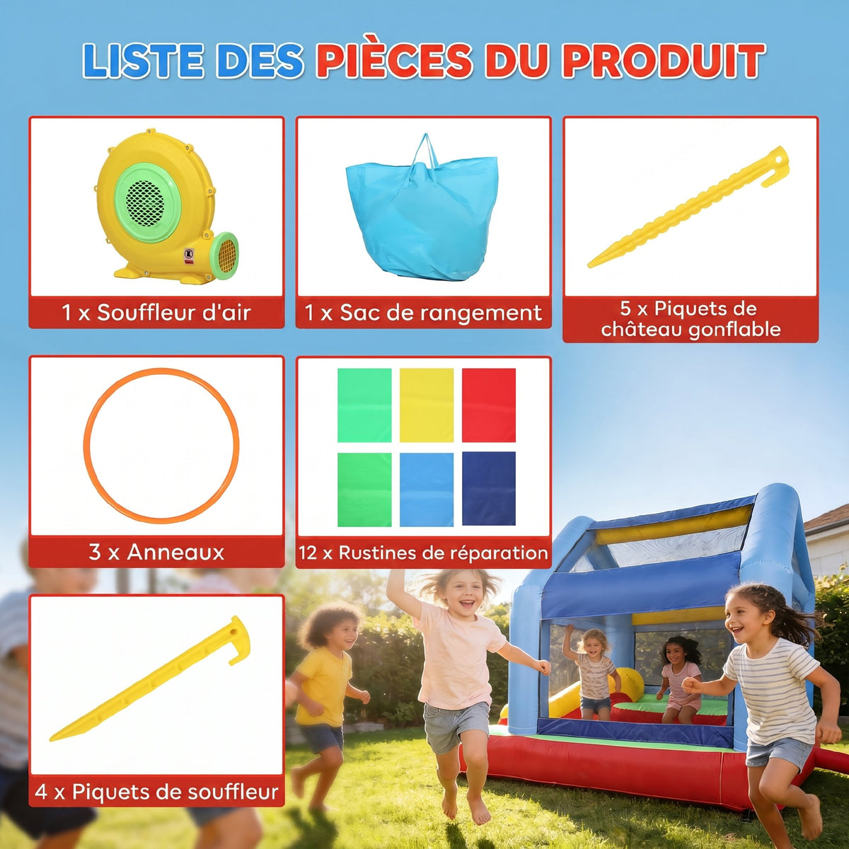 Château gonflable 4 en 1, aire de jeux avec souffleur, toboggan, piscine à balles, jeu de lancer d'anneaux, multicolore