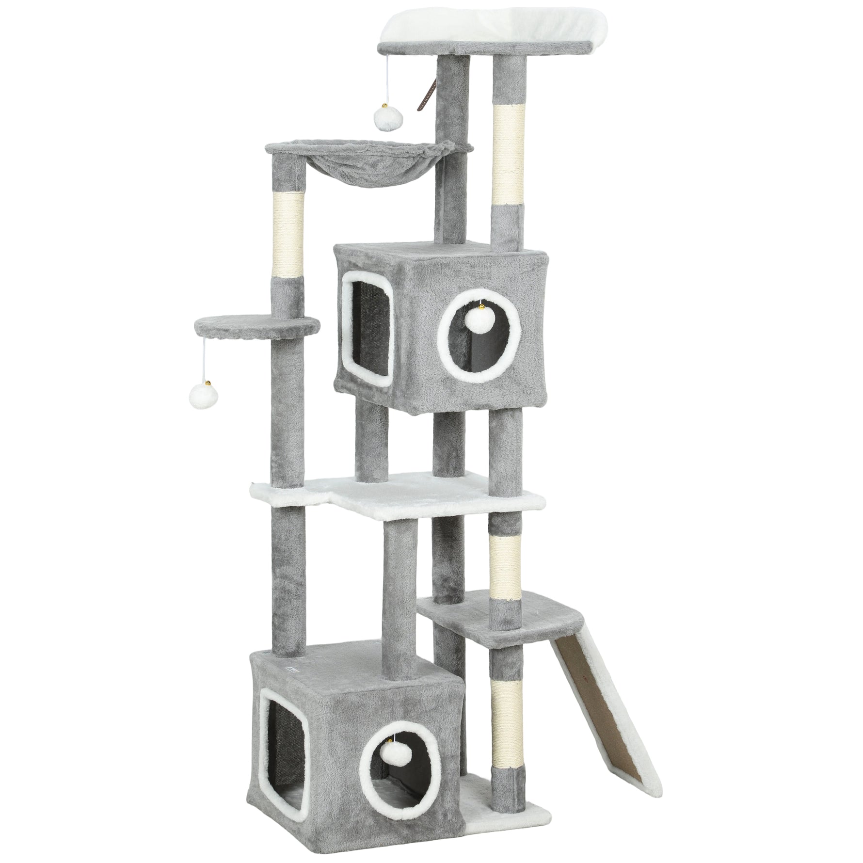 Arbre à chat tour de jeux pour chats centre d'activités 2 niches plateformes hamac échelle et 4 pompons 165 cm gris