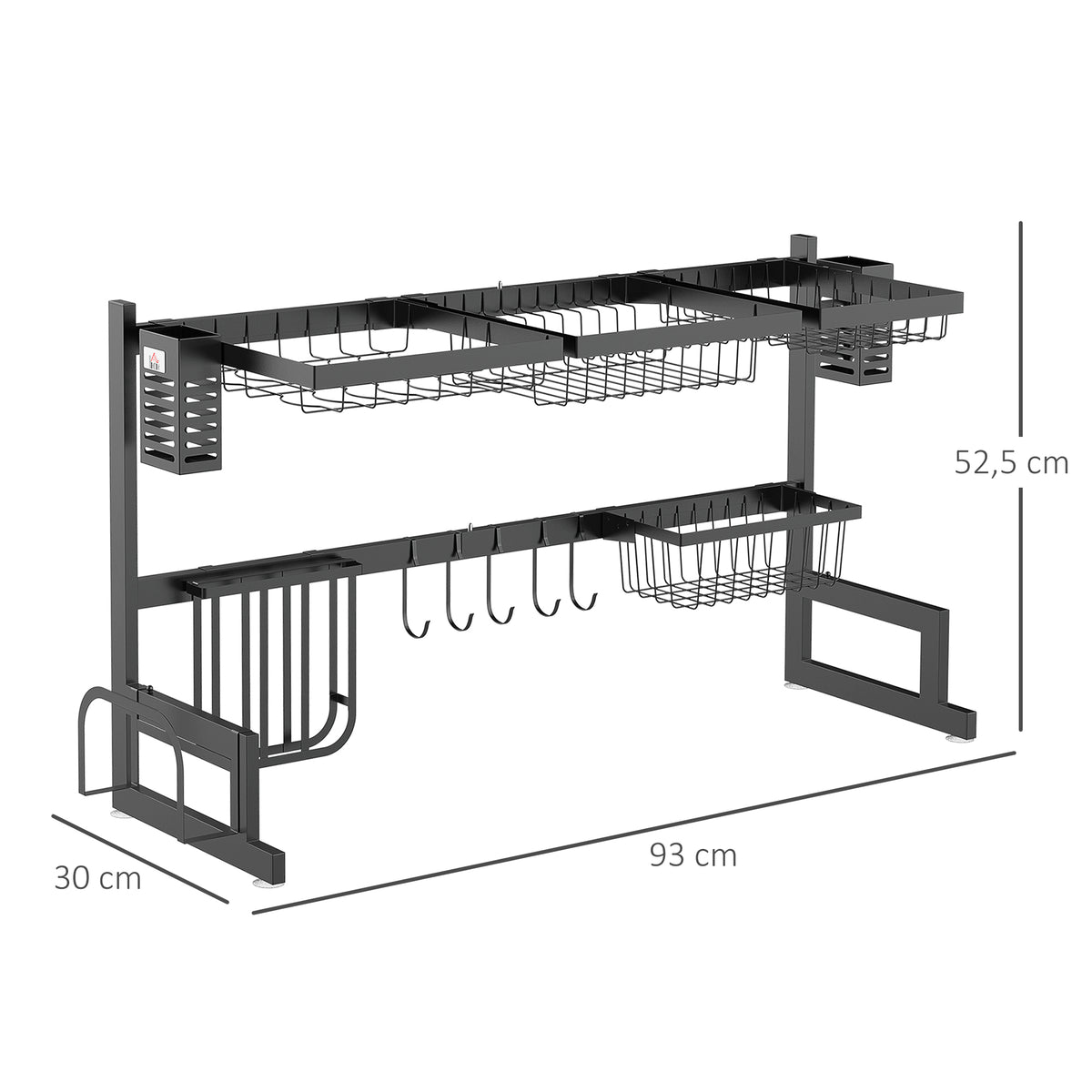 Geschirrabtropfgestell 2 Ebenen, Messerhalter, Schneidebrett-Halterung, 93 x 30 x 52,5 cm, Stahl, schwarz