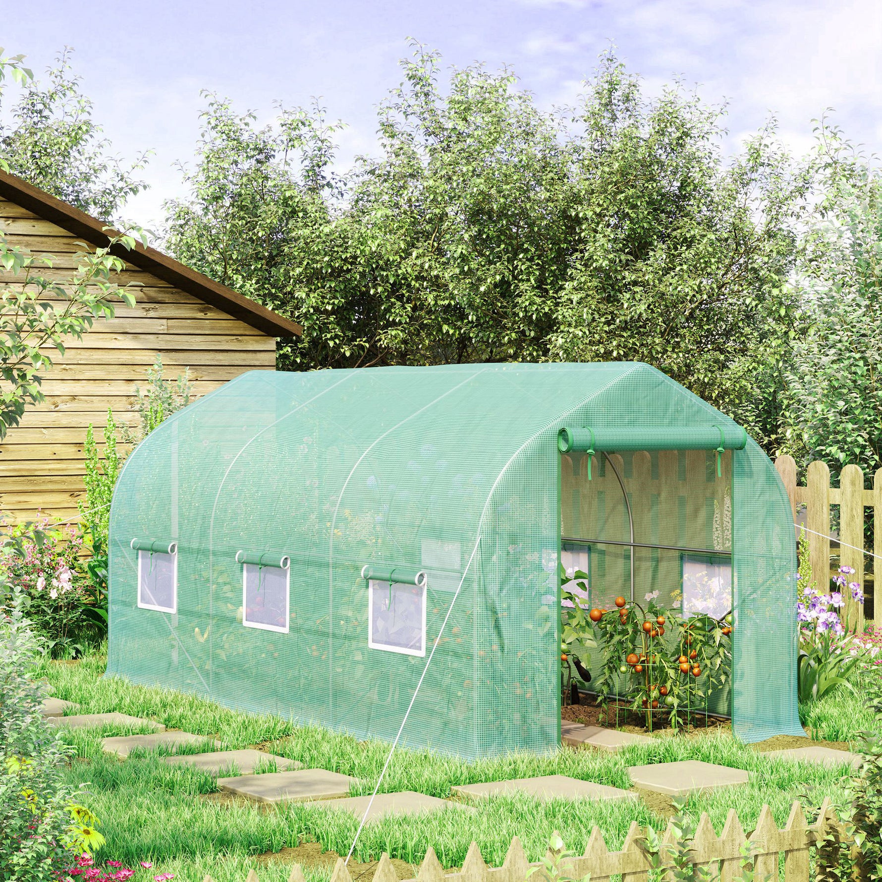 Serre tunnel de jardin 8m², serre de jardin tunnel avec 1 porte et 6 fenêtres, bâche PE 140g/m² 400x200x200cm vert