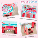 Coiffeuse Enfant Fille avec Tabouret, Miroir, Lumière, Musique, Accessoires, 3-6 Ans, 57x34x76cm, Multicolore