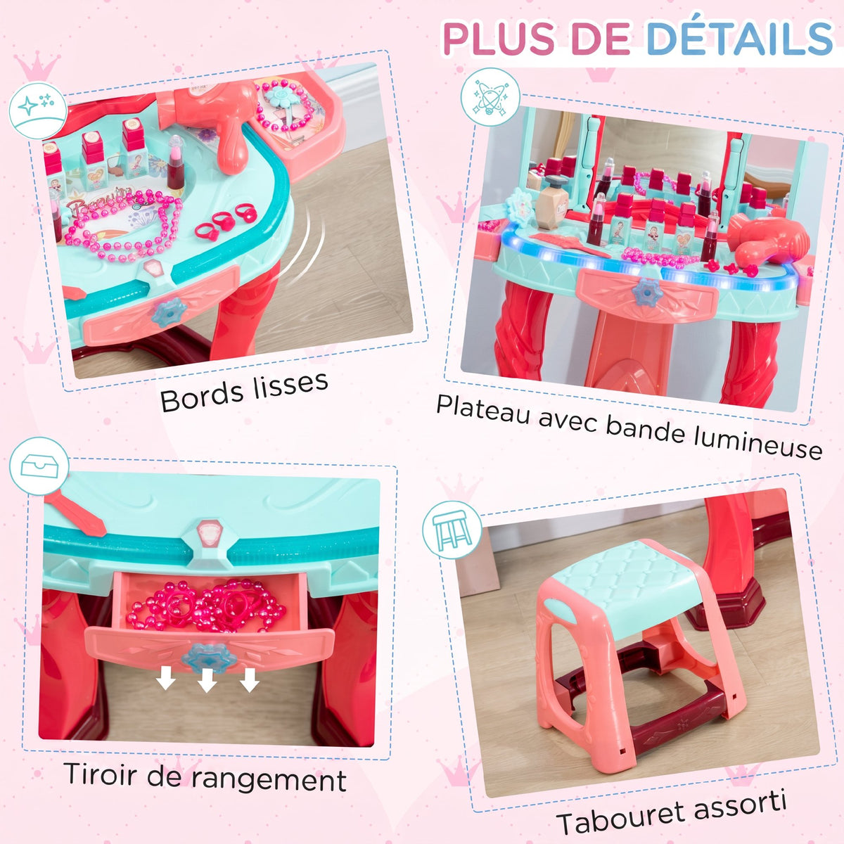 Coiffeuse Enfant Fille avec Tabouret, Miroir, Lumière, Musique, Accessoires, 3-6 Ans, 57x34x76cm, Multicolore