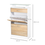 Armoire à Chaussures Meuble rangement Chaussures 2 Portes abattantes 2 Compartiments, tiroir, Plateau en Verre - Bois chêne Blanc