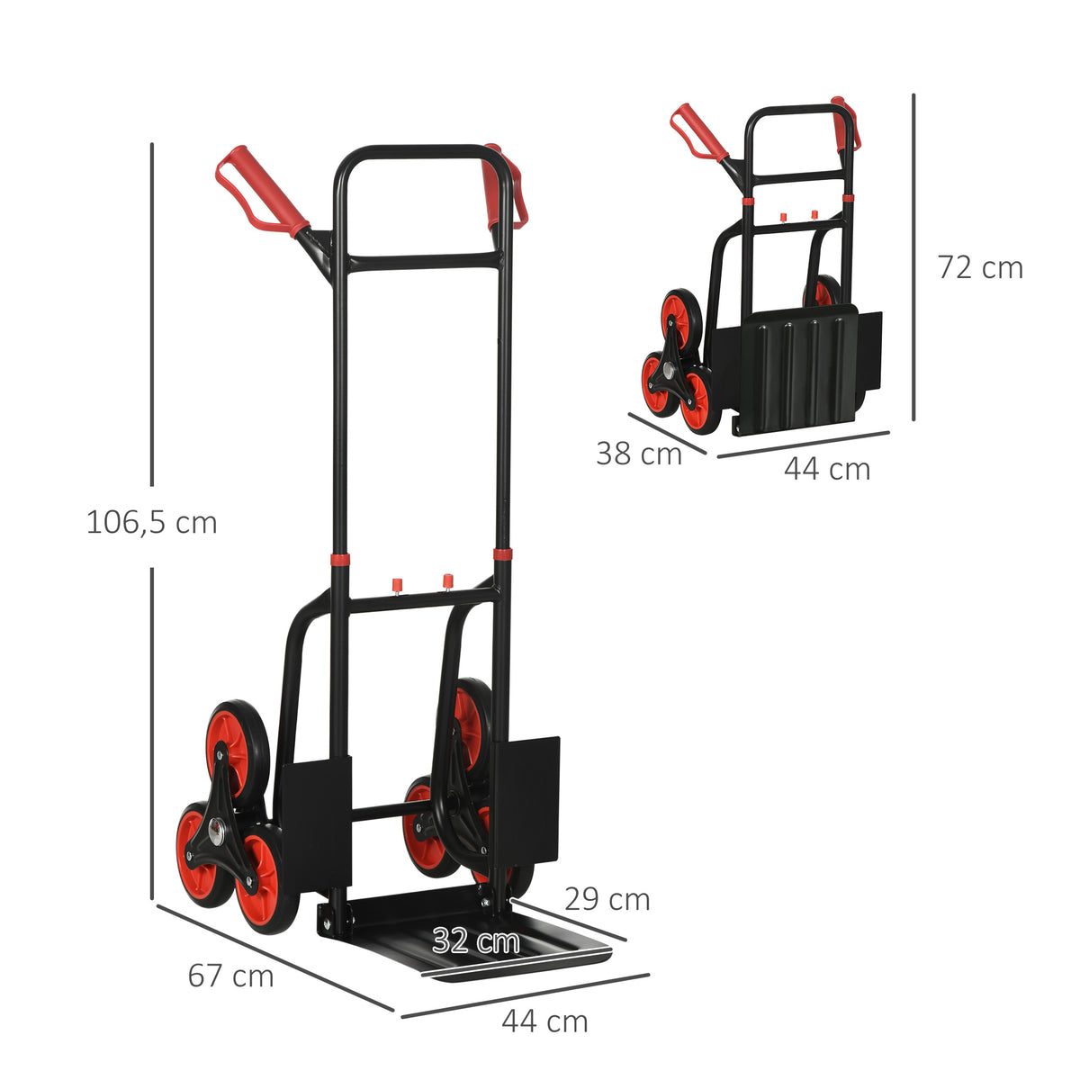 Diable d'escalier pliable 120 kg 6 roues, diable demenagement en acier avec cordes télescopiques, 44x67x106,5cm, rouge