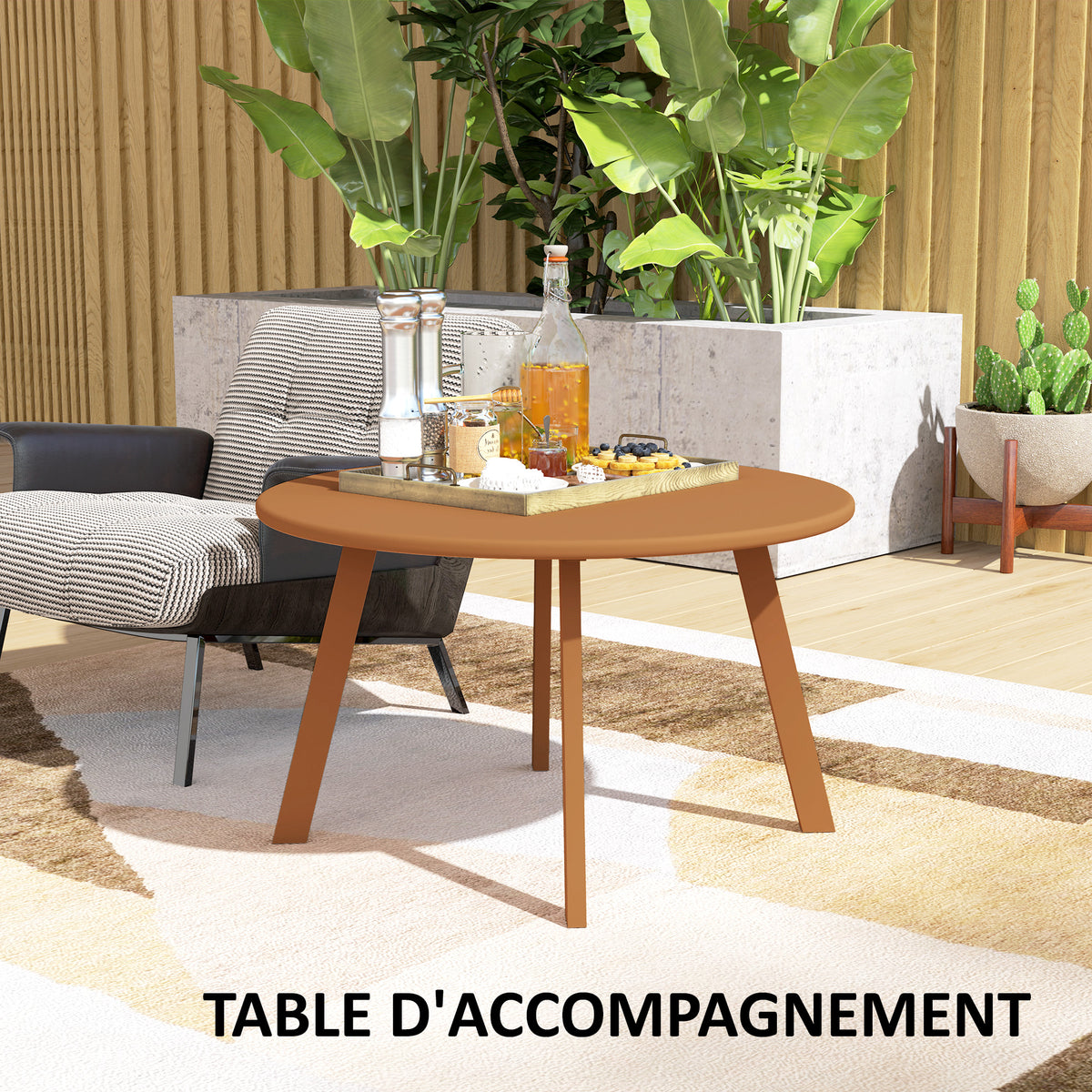 Petite table basse ronde, table d'appoint avec patins antidérapants, cadre en métal, pour jardin, Ø 70 x 42 cm, orange