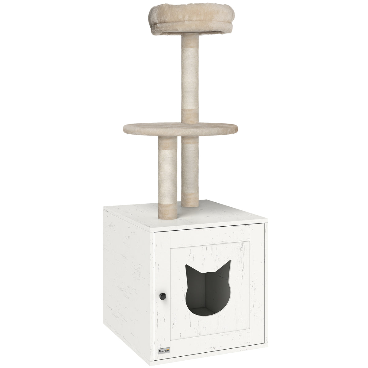 Arbre à chat avec maison de toilettes, tour de jeu 2-en-1 de 129 cm avec cache-litière, poteaux à griffer, crème