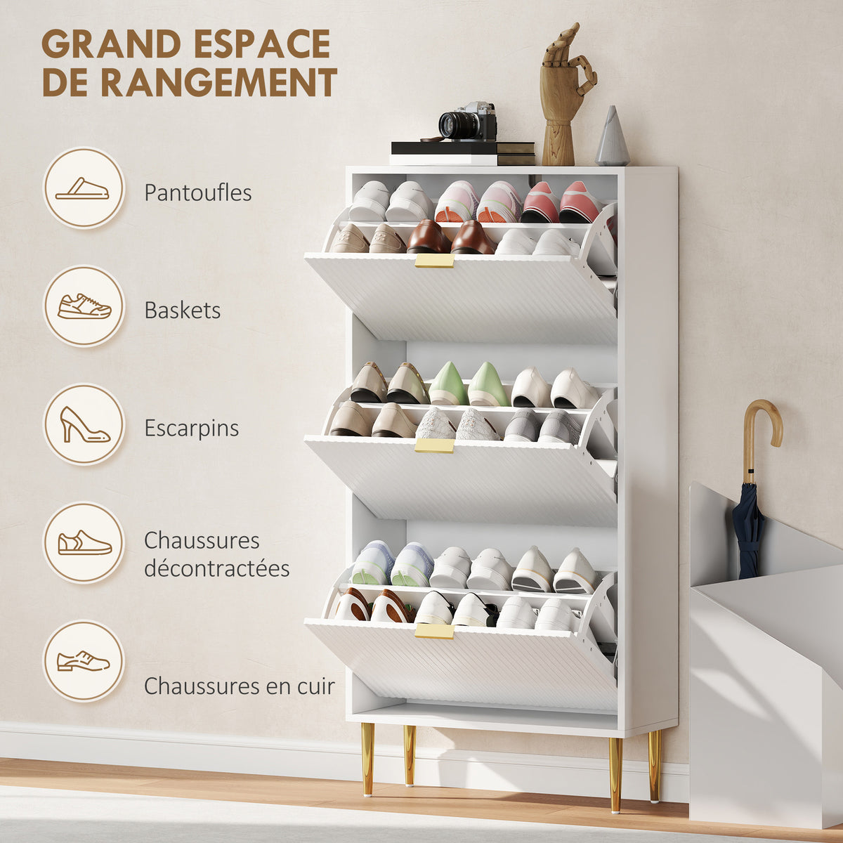 Meuble à chaussures 18 paires avec 3 tiroirs rabattables, portes cannelées et étagères réglables, 60x24x122,5cm, blanc