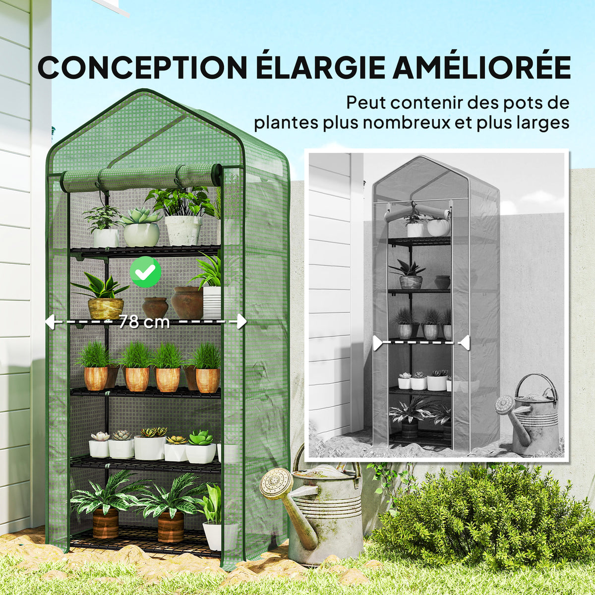 Serre de jardin Serre 5 niveaux avec 1 porte enroulable, Bâche en PE Renforcée Résistante dim. 90L x 49l x 193H cm