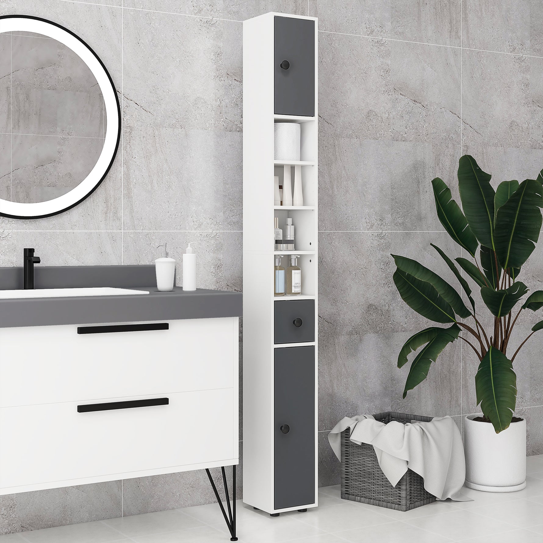 Colonne de rangement armoire haute pour salle de bain 1 tiroir 4 étagères réglables et 2 placards 20 x 20 x 180 cm gris