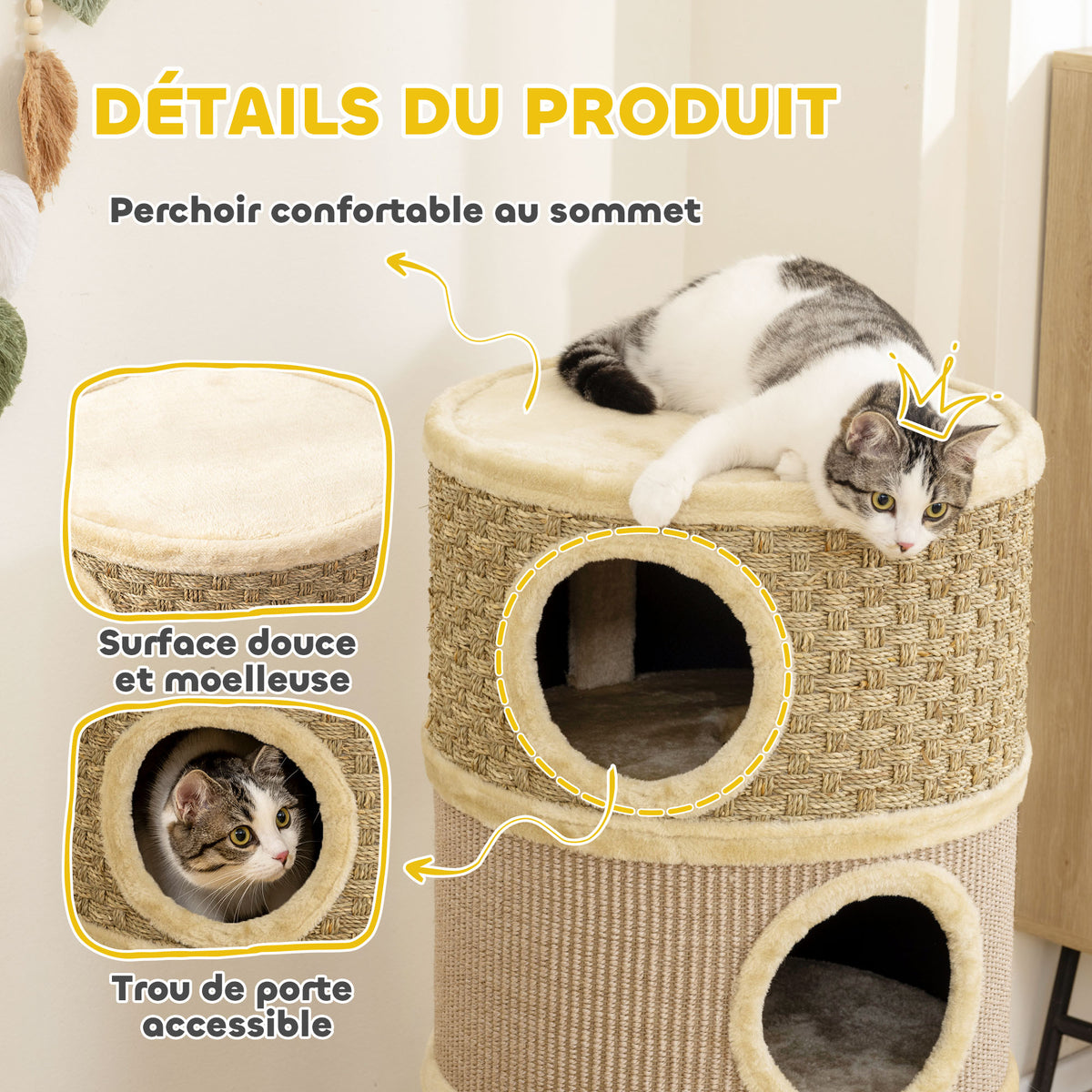 Krabton voor katten Krabpaal van natuurlijk sisal en zeegras bedekt met pluche 45 x 45 x 79 cm Kaki Bruin