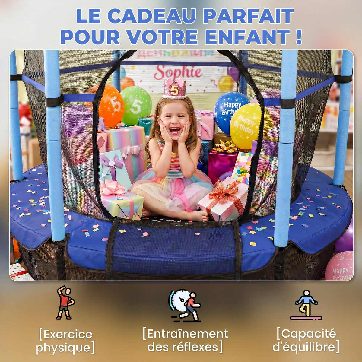 Trampoline Enfant Ø 1,63 × 1,9H m Filet de sécurité Porte zipée Couvre-Ressorts 6 poteaux rembourrés Inclus Bleu