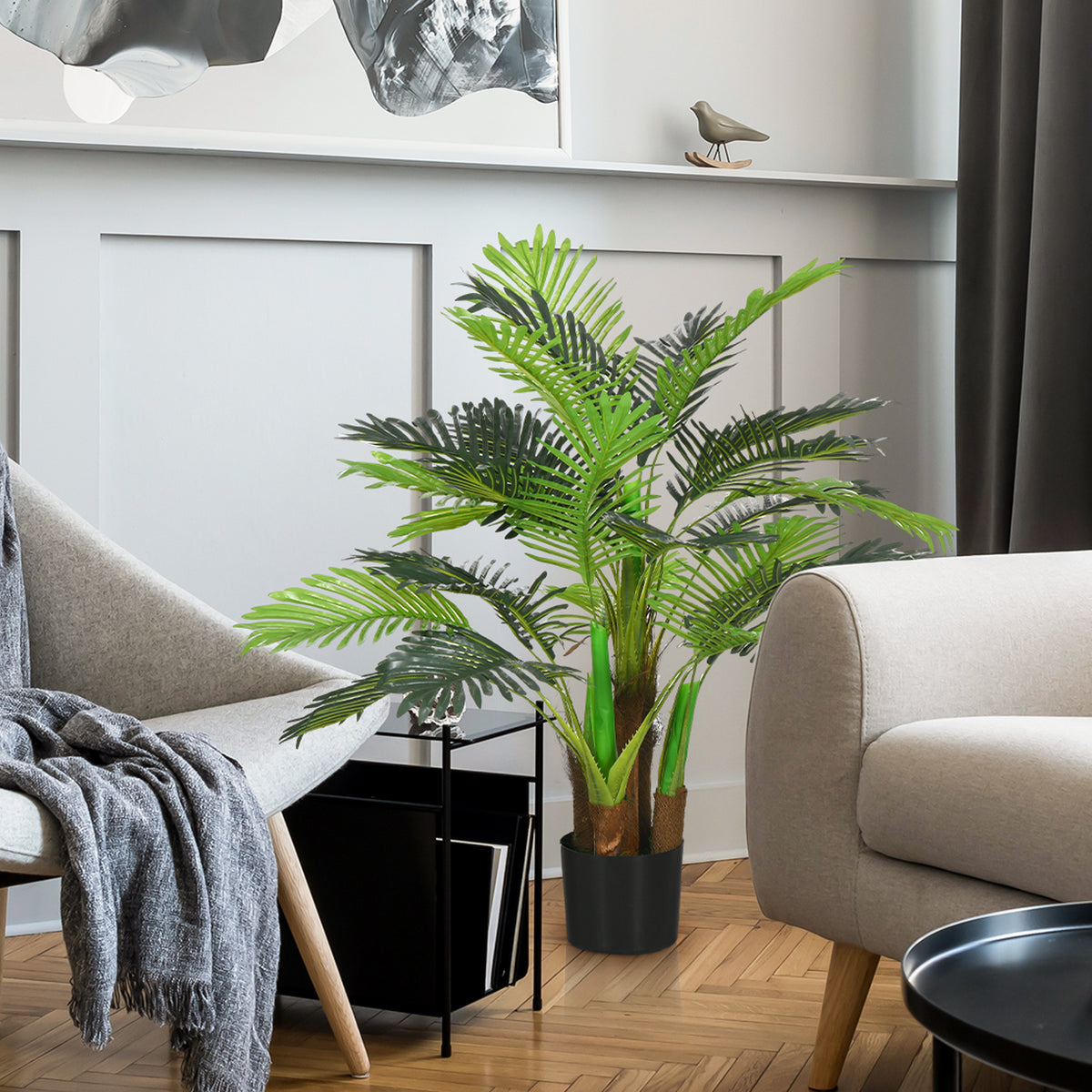 Künstliche Palme H. 1 m Kunstbaum Stamm Äste Flechten Blätter sehr realistisch Topf inklusive