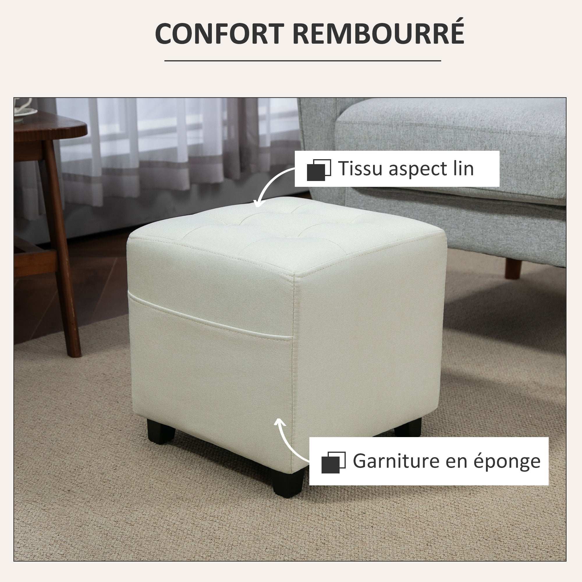 Repose pied salon, ottoman, siège rembourré capitonné en tissu aspect lin avec poche latérale, 35 x 35 x 35 cm, crème