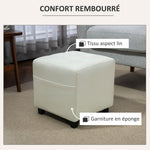 Repose pied salon, ottoman, siège rembourré capitonné en tissu aspect lin avec poche latérale, 35 x 35 x 35 cm, crème