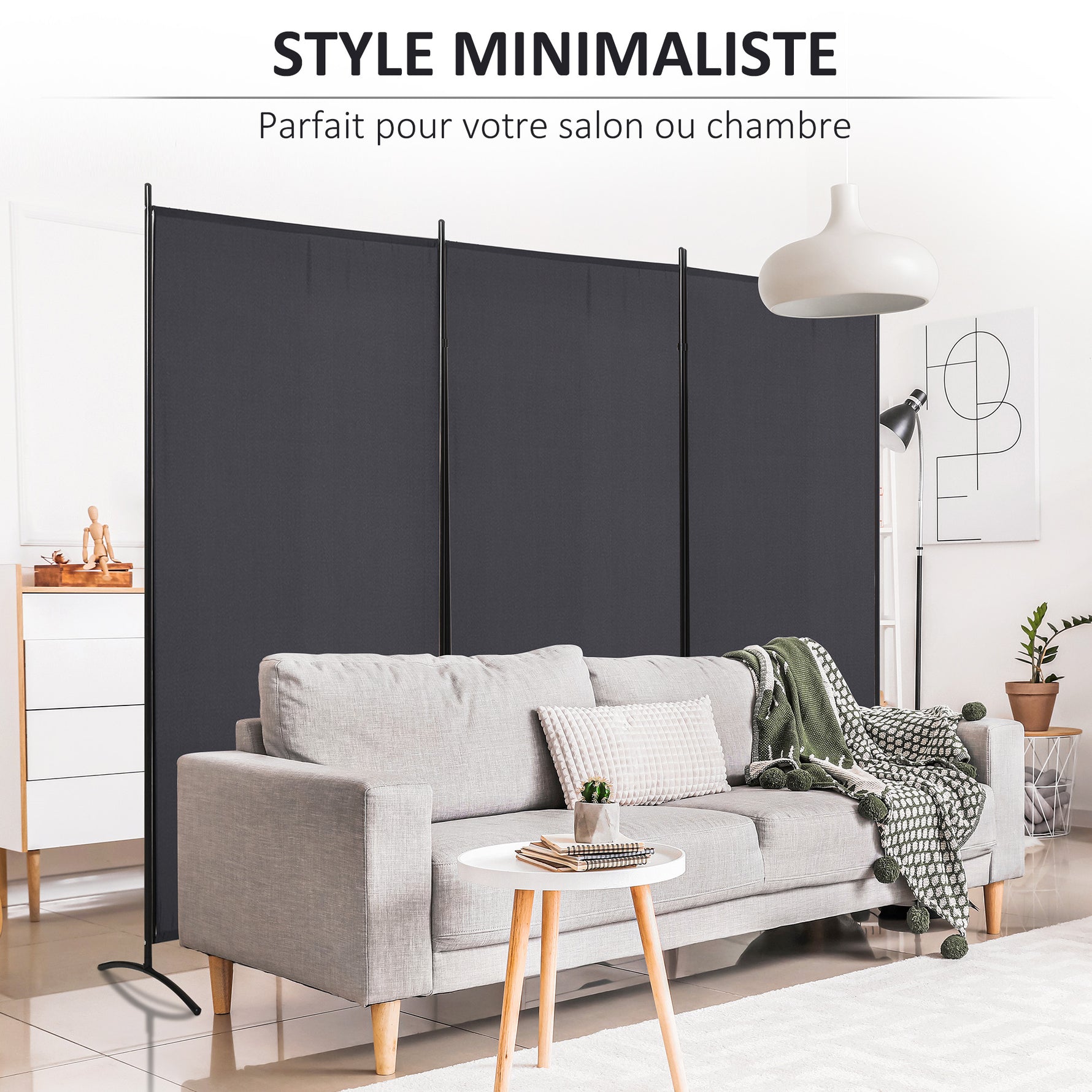 Paravent 3 panneaux dim. 2,53L x 0,5l x 1,82H m Store latéral Brise-Vue paravent sur Pied séparateur métal Polyester