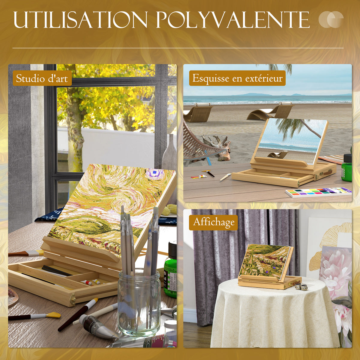 Chevalet de table en bois avec tiroir de rangement pour des toiles jusqu'à 24,5 cm pour adultes débutants bois naturel