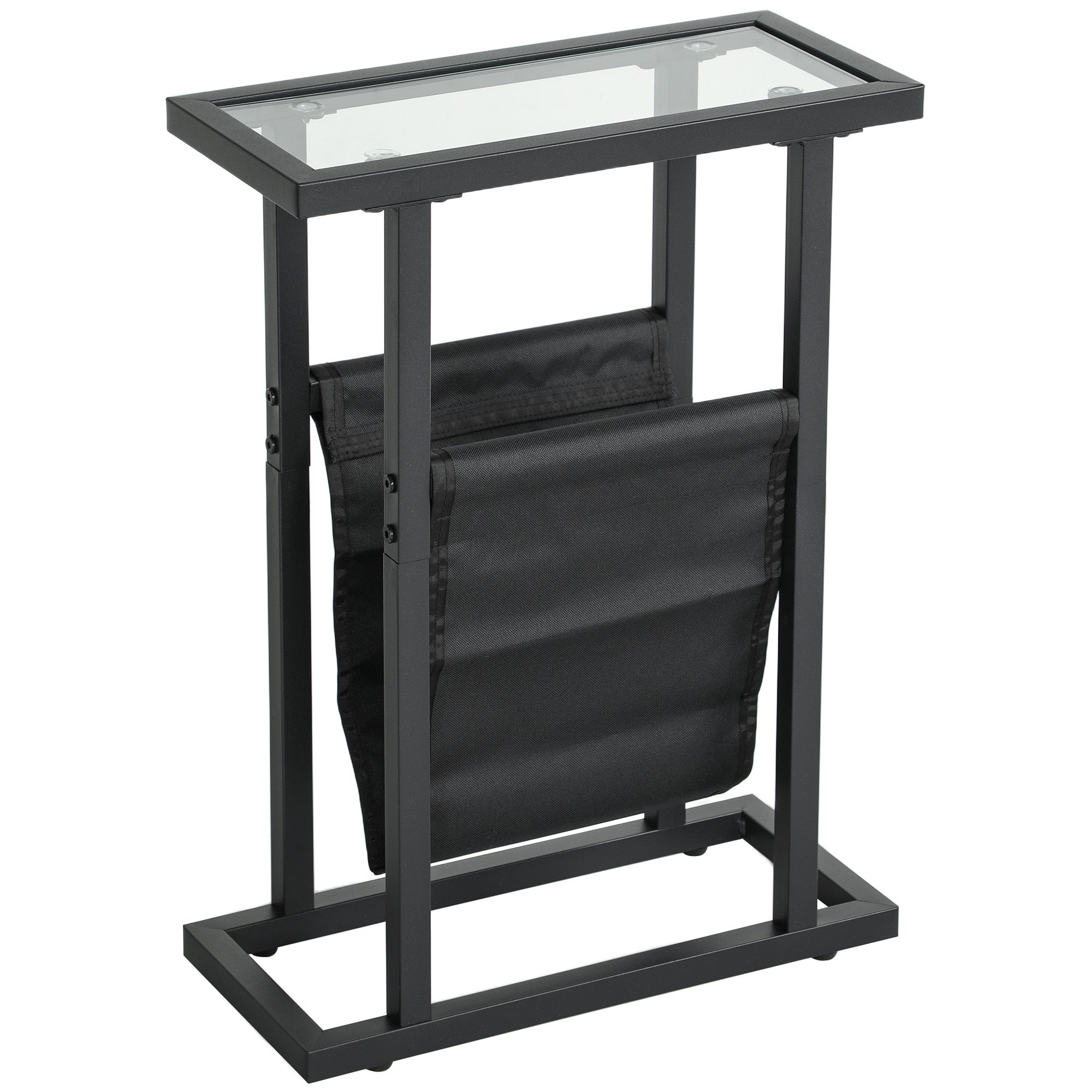 Table d'appoint étroite, bout de canapé en métal avec porte-revues et plateau en verre trempé, 40 x 18 x 55,5 cm, noir