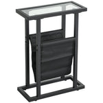 Table d'appoint étroite, bout de canapé en métal avec porte-revues et plateau en verre trempé, 40 x 18 x 55,5 cm, noir