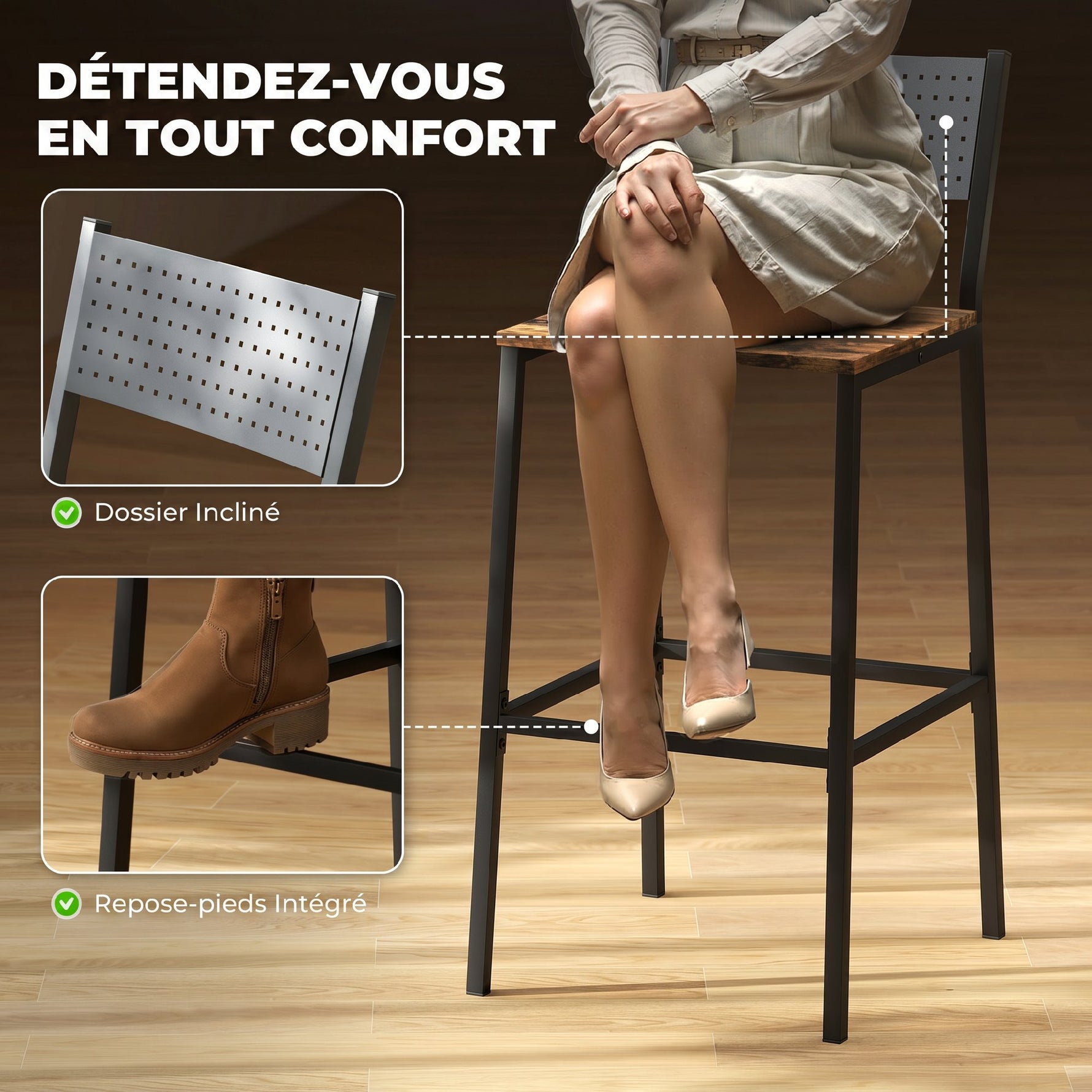 Lot de 2 tabourets de bar, chaises de bar, assise 72,5H cm, dossier et repose-pieds, pieds en métal, brun rustique