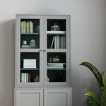 Bibliothèque vitrine, meuble de rangement à 6 niveaux avec 4 portes dont 2 en verre trempé, étagères réglables, gris
