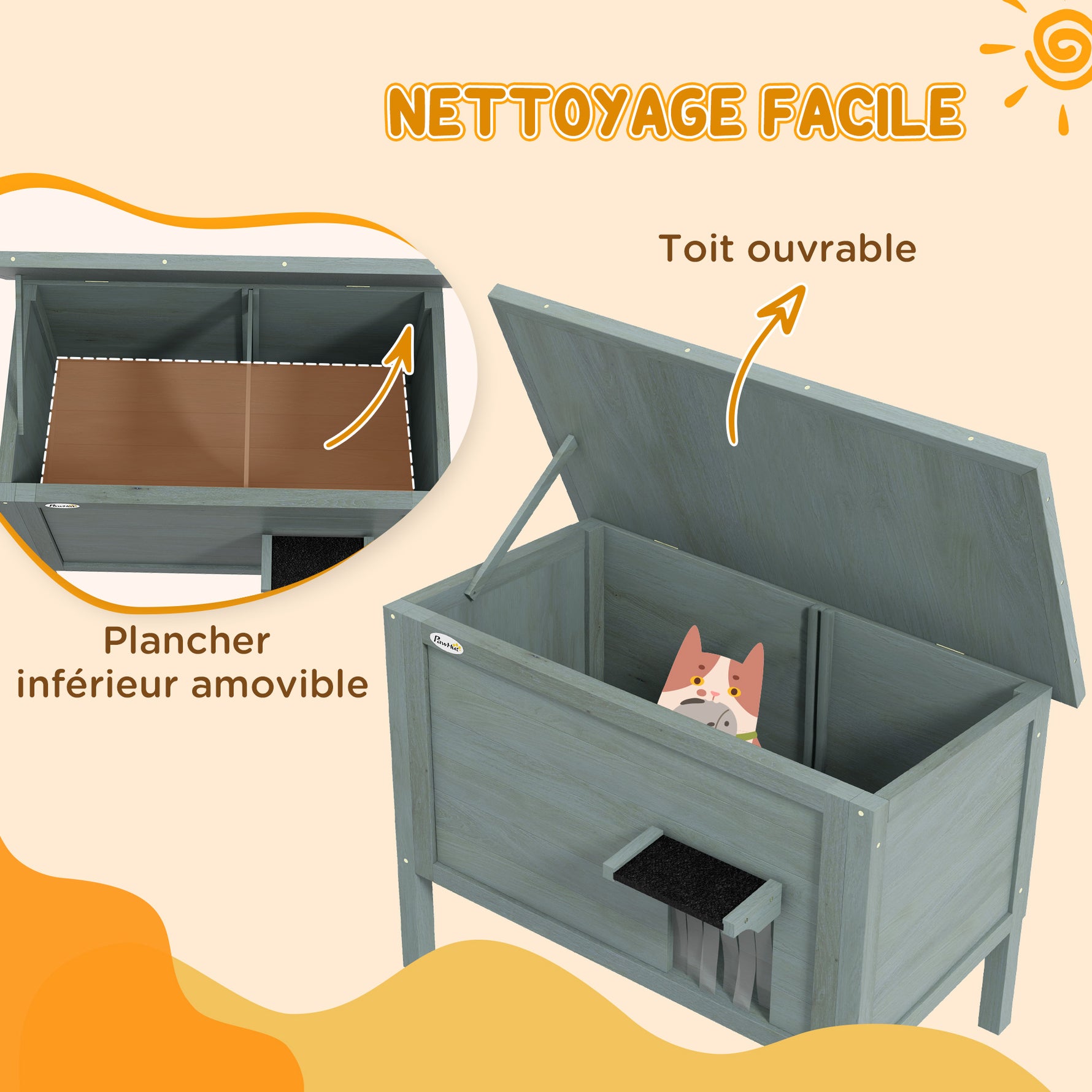 Maison pour chats niche d'extérieur en bois surélevée avec toit ouvrable isolée  85 x 50 x 68,5 cm gris foncé et noir