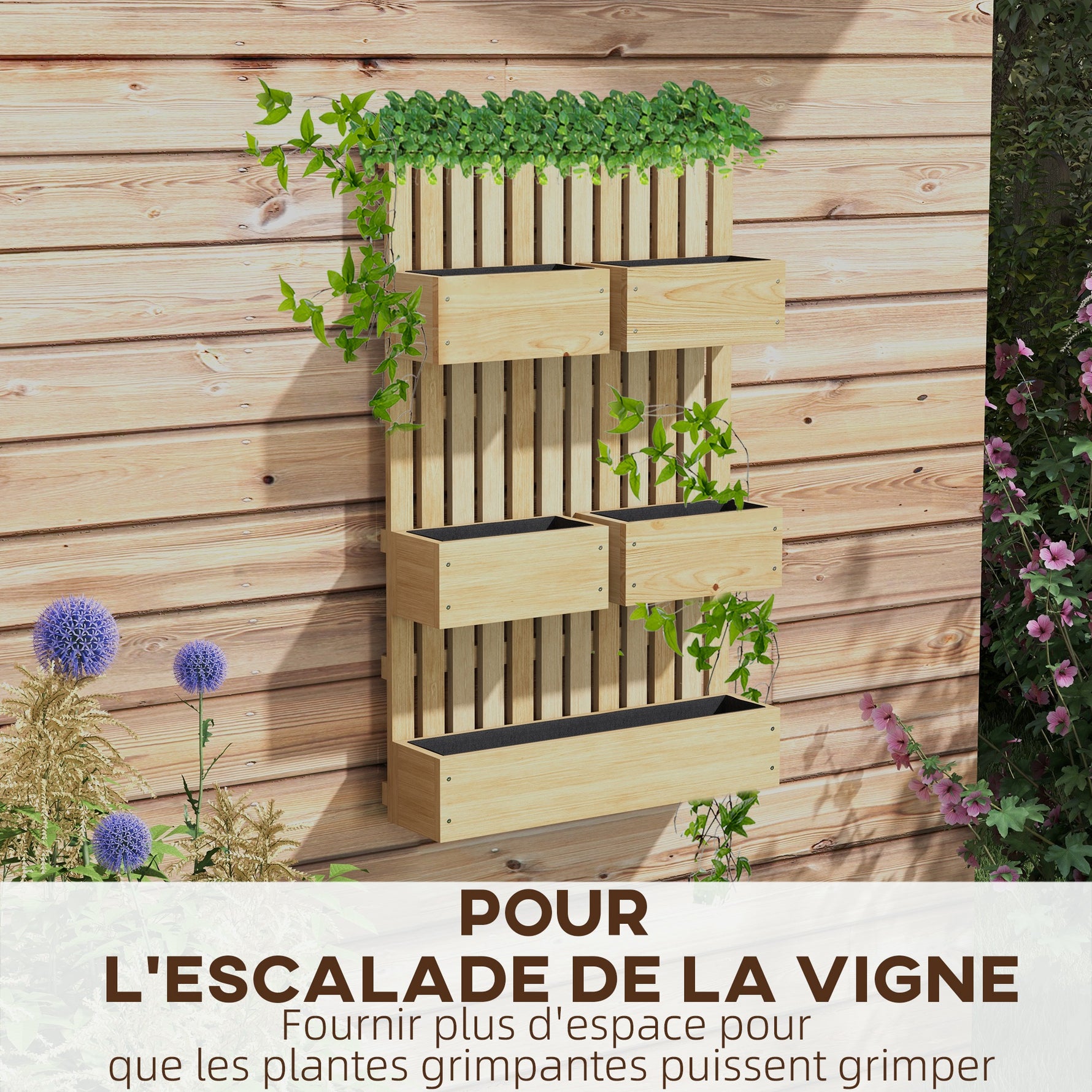 Jardinière murale potager avec 5 bacs treillis en bois massif amovibles 60 x 16 x 100 cm