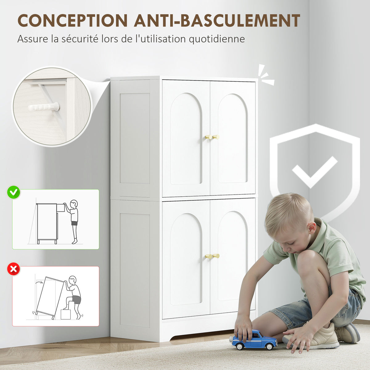 Buffet cuisine, meuble cuisine rangement avec 4 portes cintrées et 2 étagères réglables, 60 x 30 x 110 cm, blanc