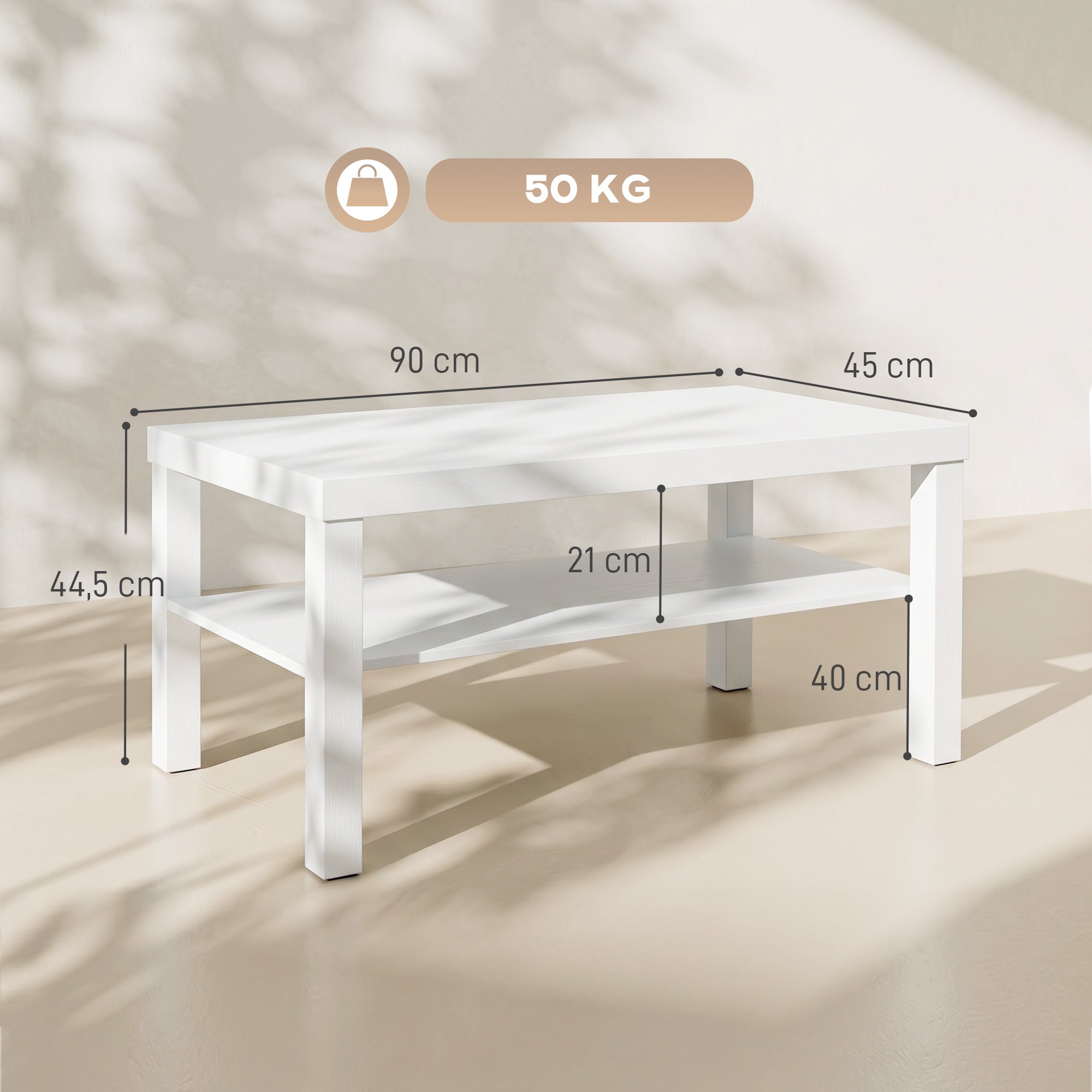 Salontafel, rechthoekige bijzettafel met 2 niveaus en opbergplank, 90x45x44,5 cm, wit