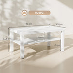 Table basse de salon, table d'appoint rectangulaire à 2 niveaux avec étagère de rangement, 90x45x44,5cm, blanc