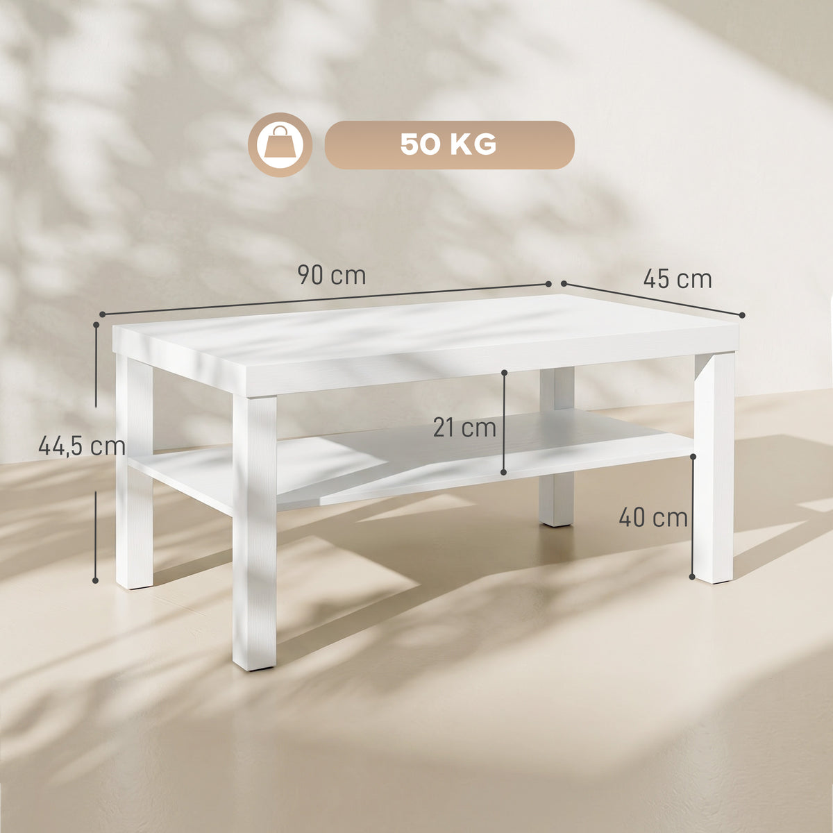 Table basse de salon, table d'appoint rectangulaire à 2 niveaux avec étagère de rangement, 90x45x44,5cm, blanc