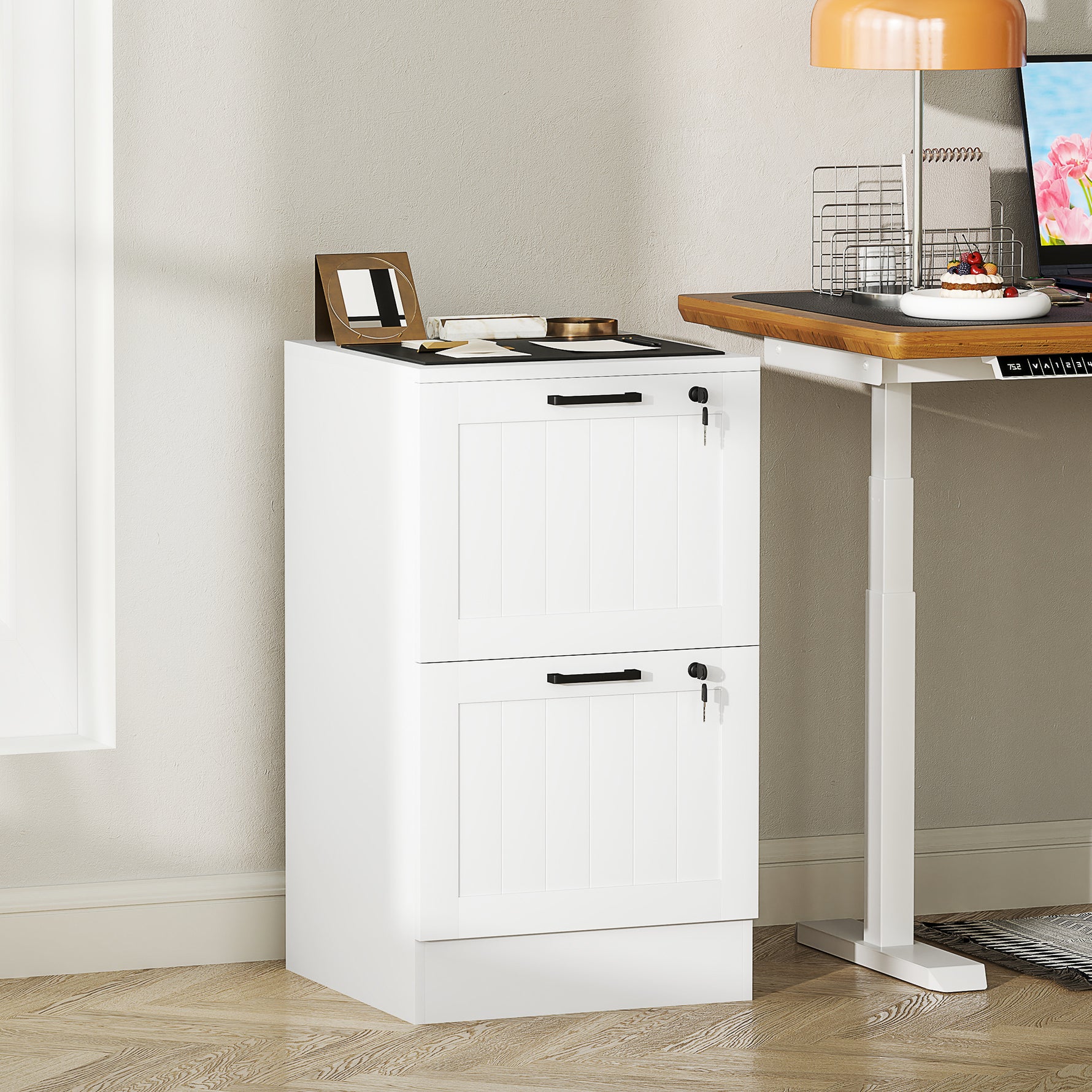Caisson bureau, meuble rangement bois 2 tiroirs et serrure, barres de suspension réglables, 40 x 40 x 71 cm, blanc