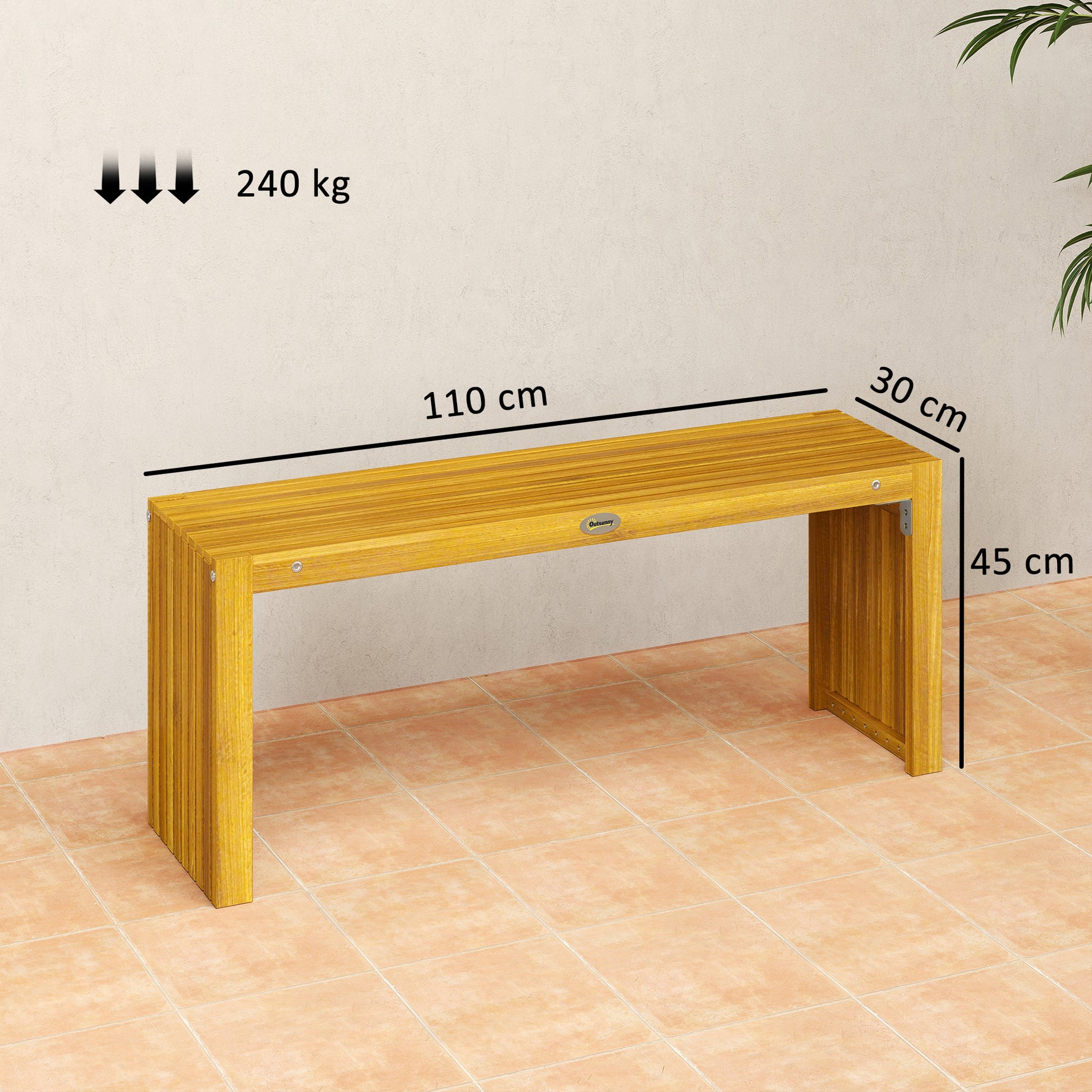 Banc de Jardin en Bois d'Acacia sans Dossier 2 Places, Assise à Lattes Effet Bois, 110x30x45cm, Bois naturel