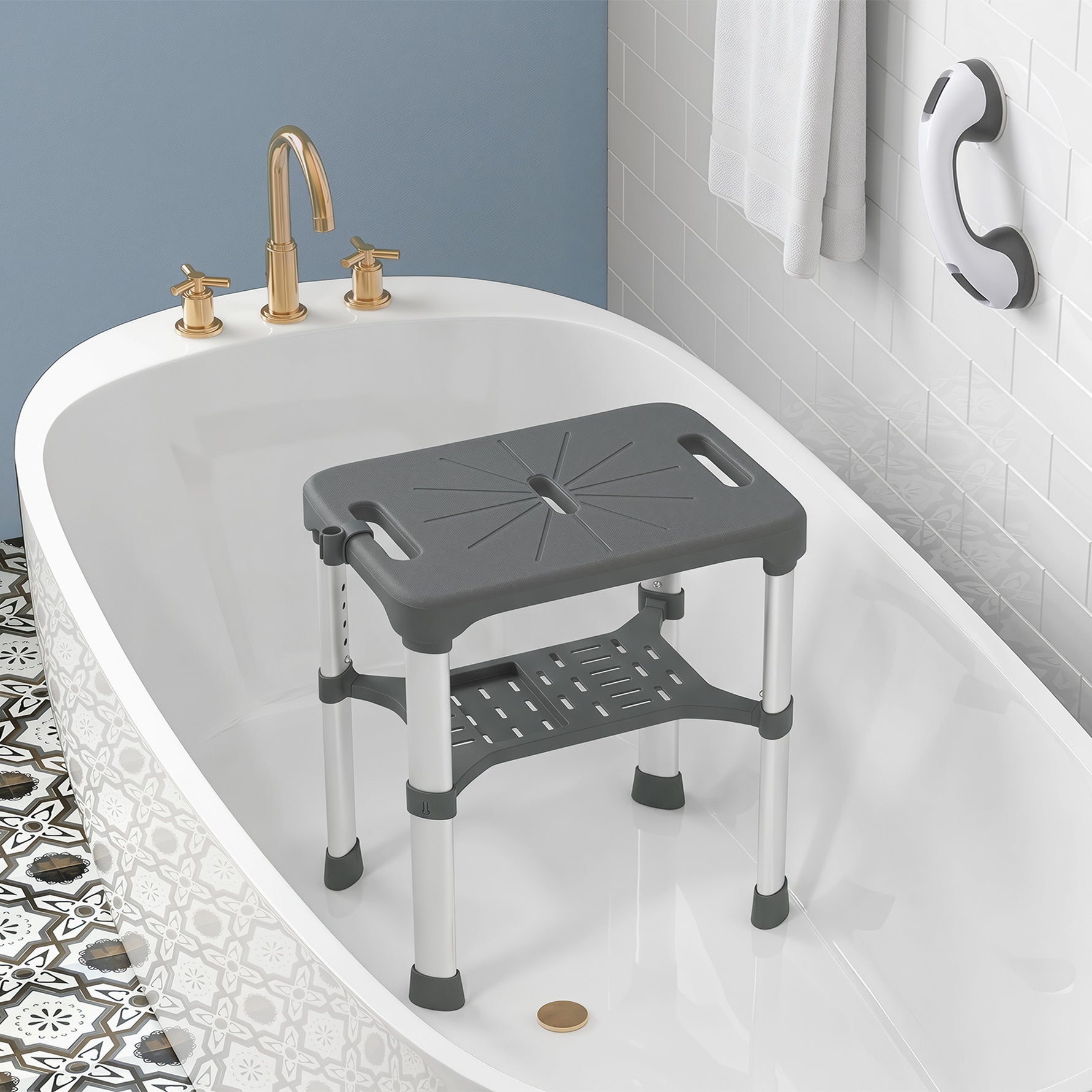 Tabouret de Douche Hauteur Ajustable avec Étagère Intégrée et Barre d'Appui à Ventouse pour Seniors et Handicapés, Gris