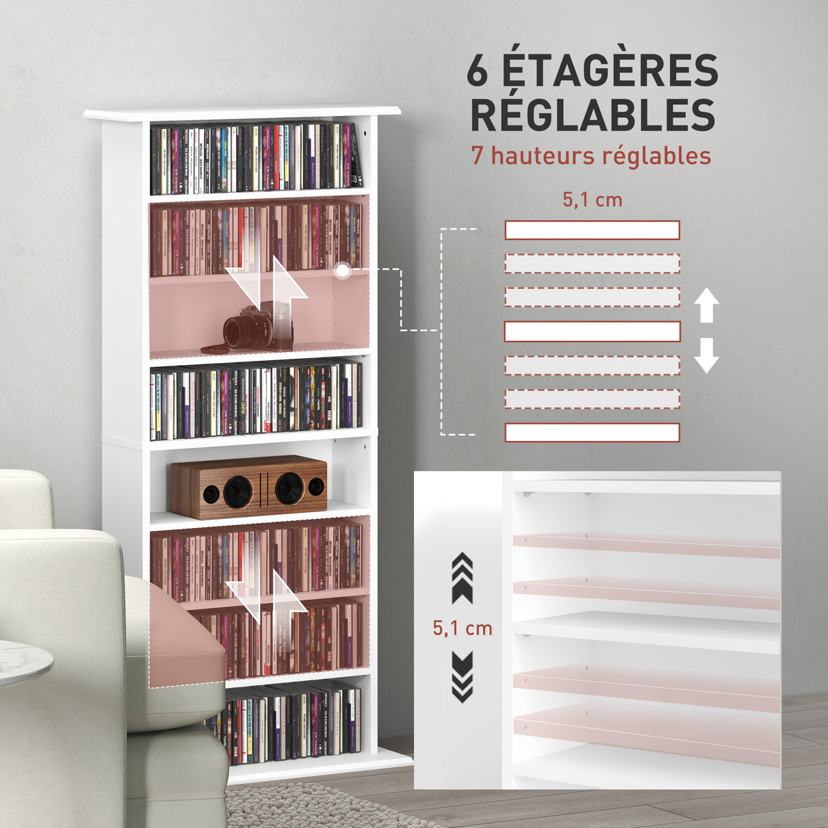 Rangements pour CD et DVD avec 8 compartiments et 6 étagères réglables, capacité max. 360 CD/185 DVD et Blu-ray, blanc