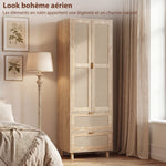 Schlafzimmerschrank mit 2 Rattantüren, 2 Schubladen und Kleiderstange, 63 x 47 x 185 cm, Naturholz