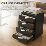 Caisson de bureau rangement bureau sur roulettes 4 tiroirs coulissants en bois aspect bois noir