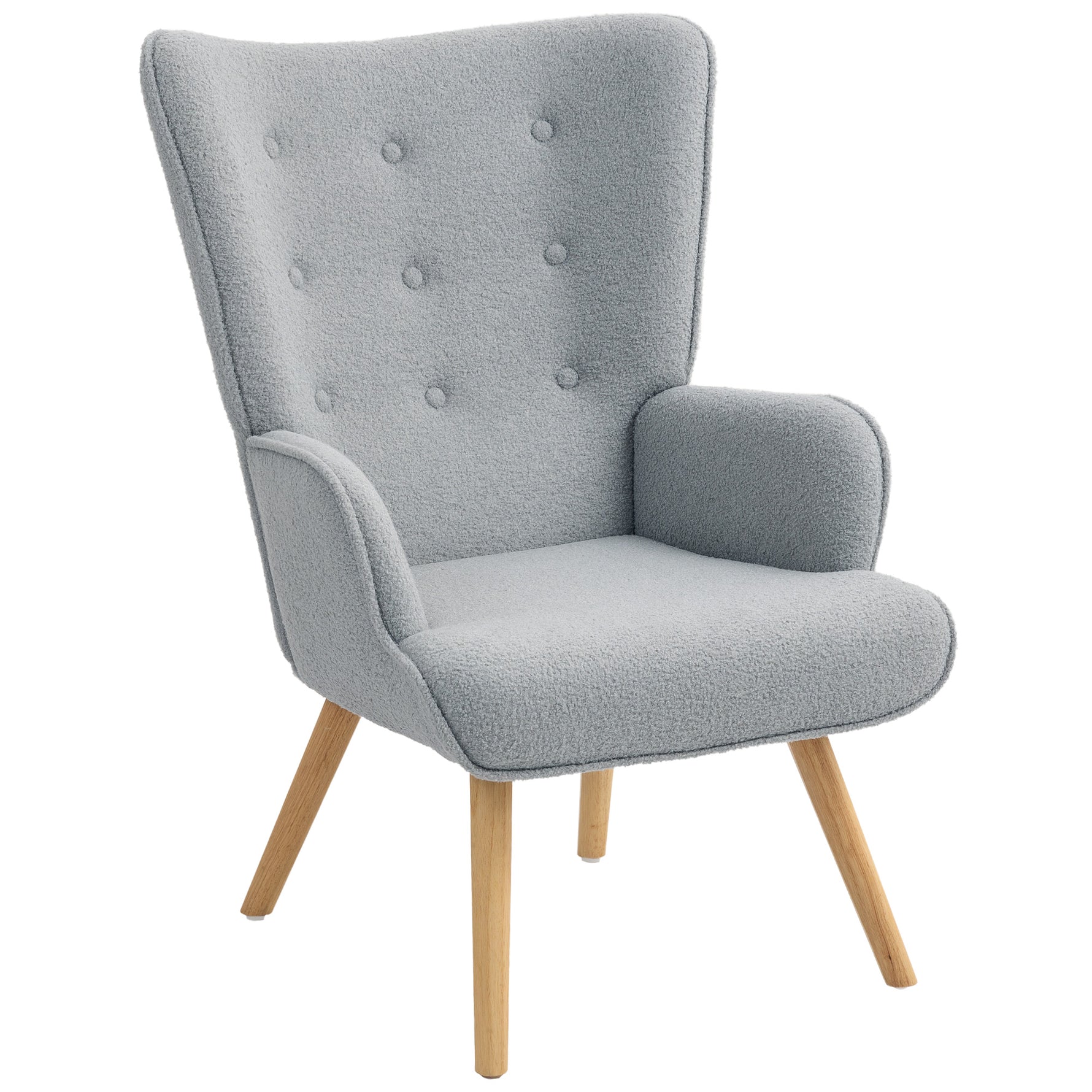 Fauteuil de salon en tissu bouclette, fauteuil capitonné et rembourré avec pieds en bois, 71 x 74 x 96 cm, gris clair