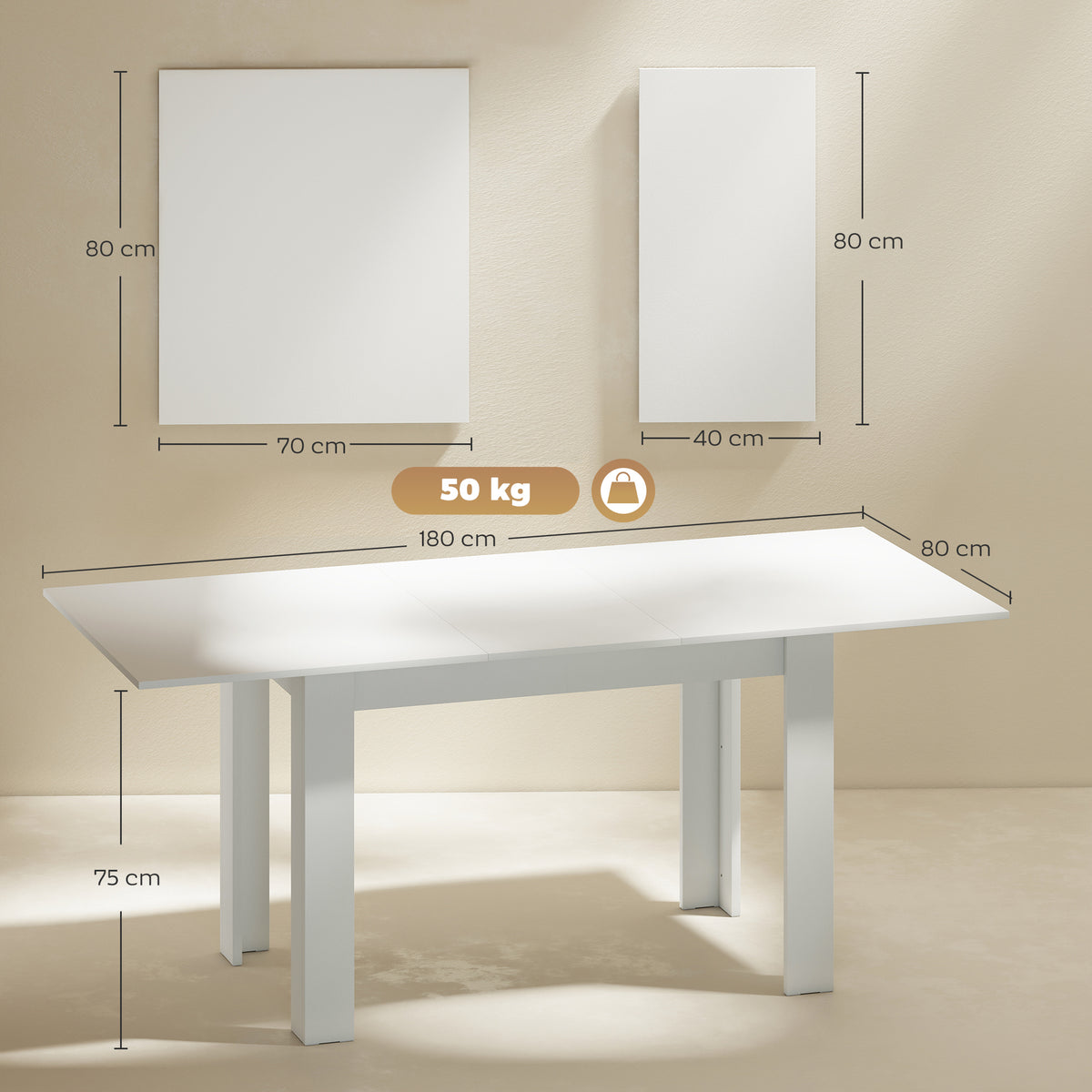 Extendable dining table, rectangular kitchen table, for 6-8 people, 140-180 x 80 cm, white