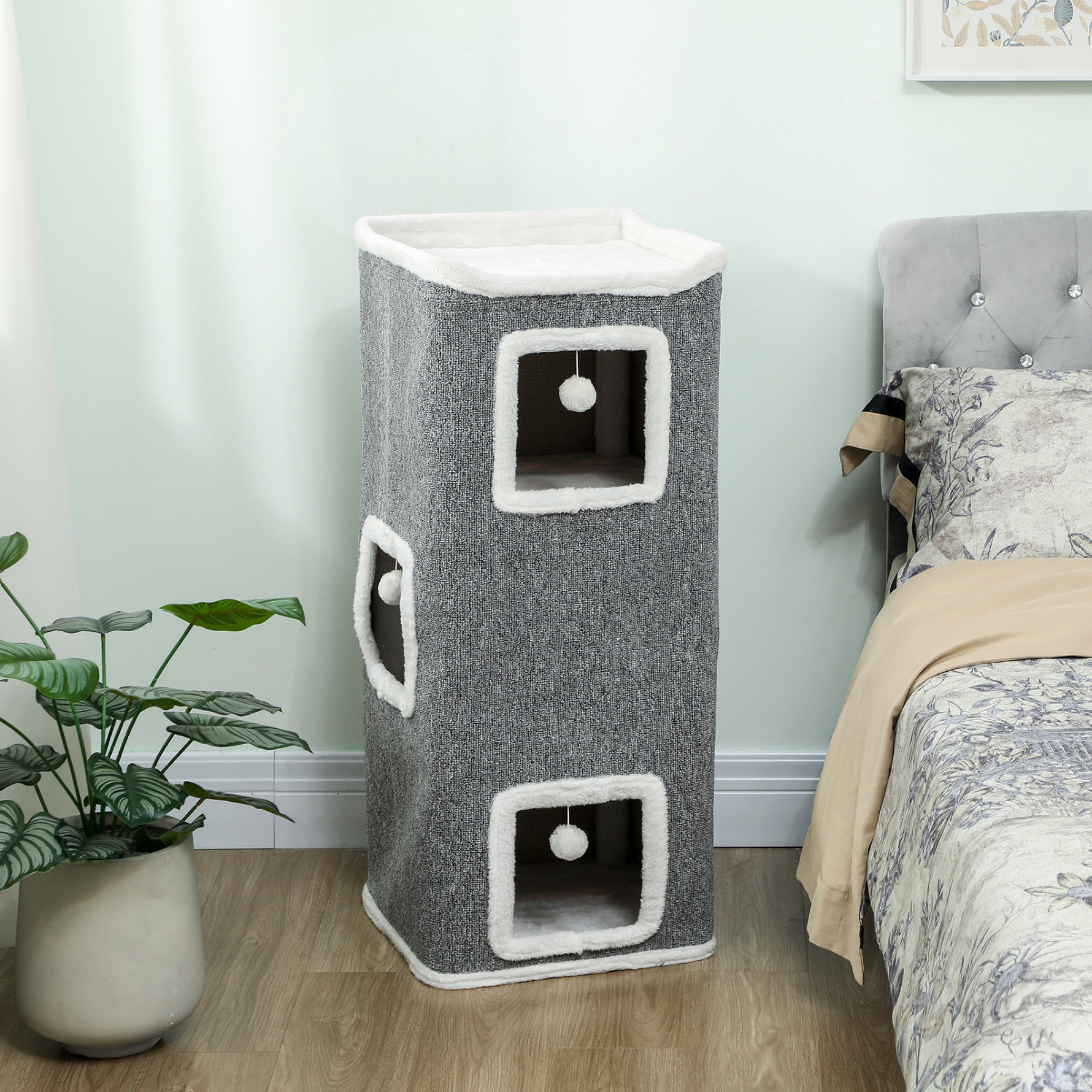 Tour pour chat 4 niveaux, arbre à chat stable boules de jeu plateforme supérieure bord en peluche, 41x 41 x 100 cm, gris