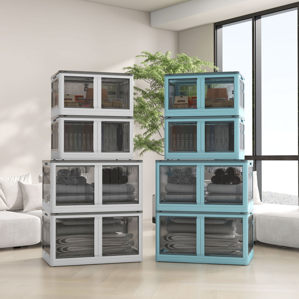 Boîtes de rangement pliables et empilables 69L en plastique avec couvercle et 4 roulettes, accès à 5 côtés, blanc