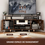 Meuble TV pour téléviseur jusqu'à 55 avec grand plateau, placards à portes et compartiment ouvert, marron
