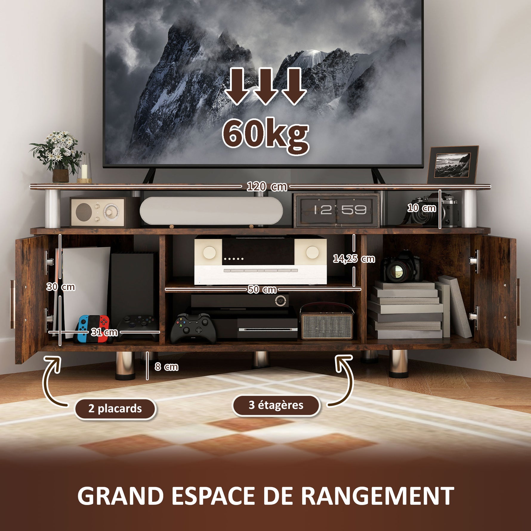 Meuble TV pour téléviseur jusqu'à 55 avec grand plateau, placards à portes et compartiment ouvert, marron