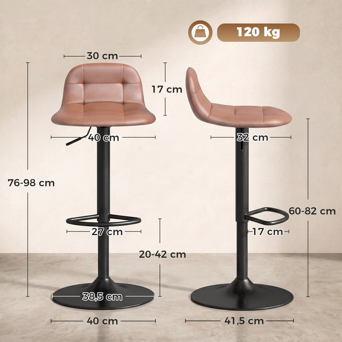 Lot de 2 Tabourets de Bar en Cuir PU, Rétro-Industriel, Hauteur Réglable, Pivotant 360°, 40x41,5x76-98cm, Marron Foncé